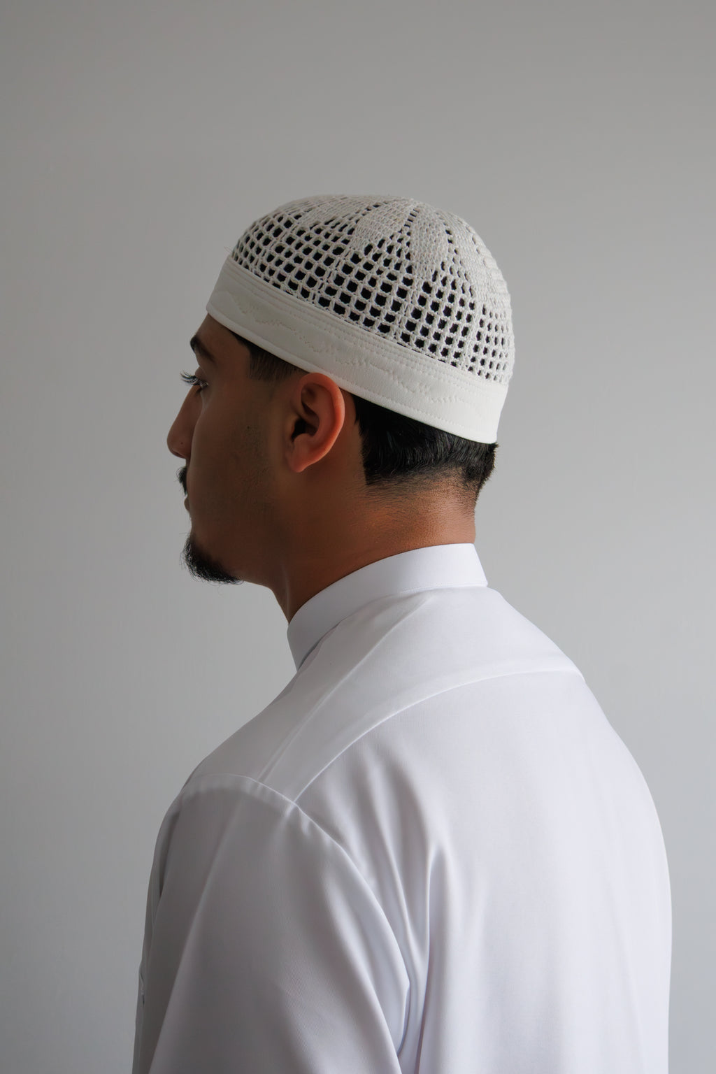 White premium Egyptian Kufi Islamic prayer cap - styled front view | Ghutrah